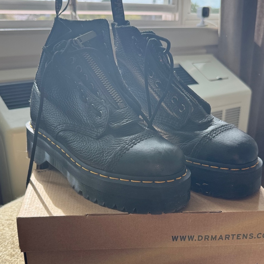 Dr. Martens Black Leather Men's Boots with Yellow Stitching